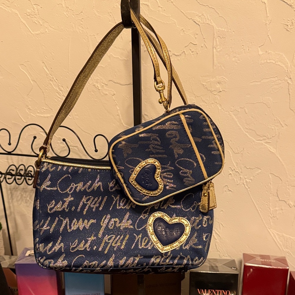 Coach Navy and Gold Heart Accent Shoulder Bag Set